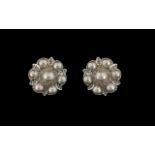 Ladies - Attractive 1950's Platinum Set Pair of Diamonds and Pearls Earrings. c.1950's.