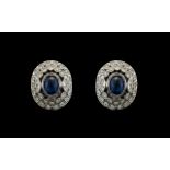 Russian 14ct White Gold Superb Diamond and Sapphire Set Pair of Earrings, In a Cluster Setting.