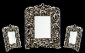 Edwardian Style Impressive Sterling Silver Framed Table Mirror, The Wide Borders with Embossed