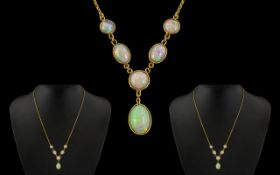 Ladies Attractive Early 20th Century 9ct Gold Opal Set Necklace with Drop of Elegant Form. Marked