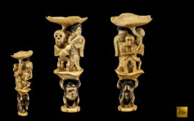 Netsuke Interest. Japanese 19th Century Well Carved Ivory Novelty Signed Figure Group. Depicts Two