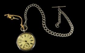 Victorian Period Solid Silver Key-wind Open Faced Pocket Watch, with Attached Solid Silver Albert