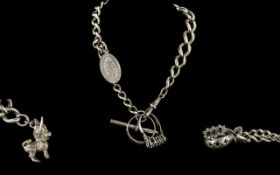 Silver Albert Chain with Attached T-Bar, St Christopher, 2 Silver Rings & Charm. All marked for