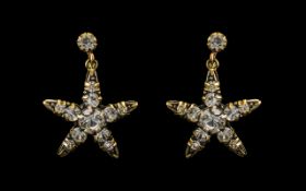 Antique Period Late 19th Century 1890's Ladies Pair of 9ct Gold Paste Set Earrings In a Starburst