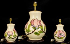 Moorcroft - Globular Shaped Large Tube lined Lamp Base ' Pink Magnolia ' on Cream Ground. Stands