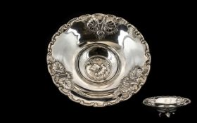 Danish/Continental Silver Embossed Shallow Bowl with central Viking boat, moulded edge with foliage,