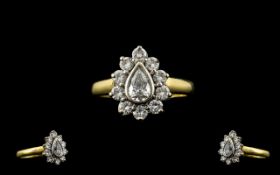 18ct Yellow Gold - Attractive Pear Shaped Diamond Cluster Dress Ring, Full Hallmark for 750 -