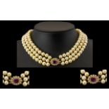 Antique Period Fine Quality and Impressive Three Strand Cultured Pearl Necklace featuring a 9ct gold