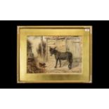 Watercolour of Donkey in Stable Signed TH 1881. Lovely painting of a donkey with a small dog,