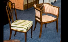 Two Edwardian Inlaid Chairs to include a tub chair with a padded seat and sides,