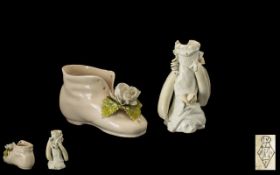 Moore Brothers Style Porcelain Items ( 2 ) of Small Proportions, Features 1/ Old Boot with Flower