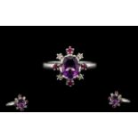 Superb Quality 18ct White Gold Top Quality Amethyst - Ruby and Diamond Set Dress Ring. The Central