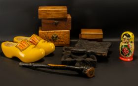 A Collection of Assorted Wooden Items to include various collectables - a pair of Dutch clogs size