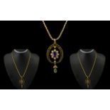 Edwardian Period 9ct Gold Mounted Attractive Amethyst & Pearl Pendant with Peridot drop. Attached