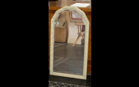 Large Decorative Mirror with bevelled glass and green and gilt frame. Measures approx 40" x 21".