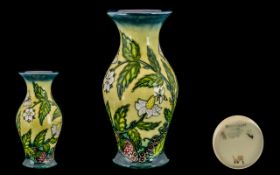 Moorcroft Tubelined Contemporary Designed Vase. Decorated in the strawberry plant and butterfly