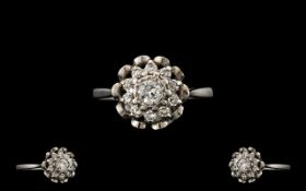 18ct White Gold - Attractive Diamond Set Cluster Ring - Flower head Design. Hallmark London 1972.