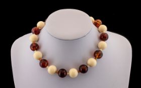 1920's - Amber and Ivory Bead Necklace with Amber / Ivory Spacers. 16 Inches - 40 cm Long. Excellent