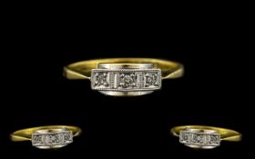 18ct Gold 3 Stone Diamond Set Ring. Art Deco diamond set ring, the diamonds set in platinum, ring