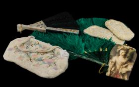 French Fan, Beaded Bags + Purses Etc - French green feather Art Deco style fan + 1 other, beaded