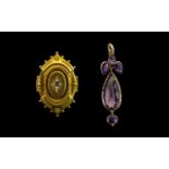 Antique Period 18ct Gold - Fancy Quality Locket Brooch, Set with Ruby and Seed Pearls In a Starburst