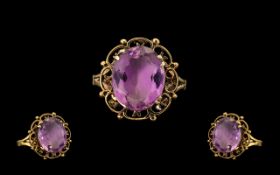 Ladies 9ct Gold - Single Amethyst Set Dress Ring, Open work Fancy Setting. Est Amethyst 4.00 cts.