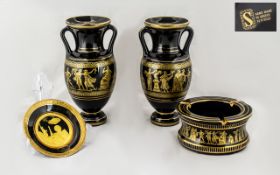 Collection of Handmade Greek Porcelain in black with 24k decoration and trim, comprising two