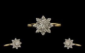 18ct Gold - Attractive Diamond Set Cluster Ring - Flower head Setting. Hallmark Birmingham 1996, The