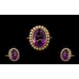 Antique Period 9ct Gold Attractive Amethyst & Seed Pearl Set Dress Ring. Excellent quality