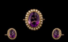 Antique Period 9ct Gold Attractive Amethyst & Seed Pearl Set Dress Ring. Excellent quality