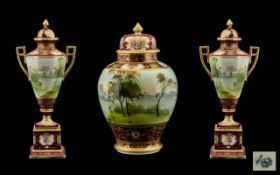 Noritake Three Piece Vase Garniture, the central vase in the form of a ginger jar and cover, the