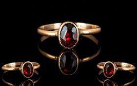 Antique Period - Attractive 9ct Gold Single Stone Garnet Set Ring. c.1900 & Marked 9ct. Ring Size