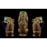 Holdcroft Majolica Bear and Drum Jug, mid to dark brown majolica glazed, seated bear,