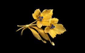 18ct Gold - Nice Quality and Attractive Floral Spray Design Brooch, Set with Blue Sapphires of
