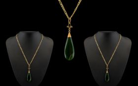 9ct Gold Topped - Tear Drop Jadeite Pendant with Attached 9ct Gold Chain, Both Jadeite and Chain