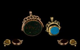 Late Victorian Period - Superb 9ct Gold Swivel Fob set with Bloodstone and Cornellian. Hallmarked