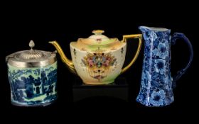 A Small Collection of Pottery to include Regency Ironstone Blue Jug 8 inches tall,