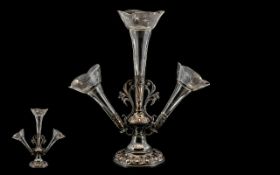 Mid Victorian Period - Impressive and Ornate Silver on Copper 3 Branch Etched Glass Epergne. c,