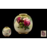 Royal Worcester Hand Painted - Small Globular Shaped Vase ' Roses ' Stillife. Date 1912, Shape No