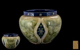 Royal Doulton Art Nouveau Jardiniere mottled seaweed and blue ground and decorated with bead work