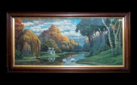 Large Decorative Painting depicting a lake with two swans,