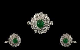 18ct White Gold Attractive Emerald and Diamond Set Cluster Ring, Flower head Setting, Full