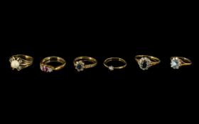 A Collection of 6 9ct Gold Dress Rings set with various coloured stones and white faceted/diamond