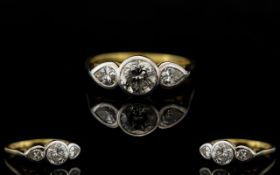 18ct Gold - Nice Quality 3 Stone Diamond Set Ring, Pleasing Pave Set Diamond Ring. The Central