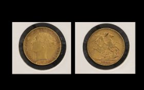 Queen Victoria Young Head 22ct Gold Full Sovereign - Date 1885. Melbourne Mint, Condition V.F.