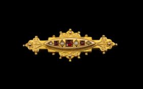Victorian Period Nice Quality and Attractive Ruby and Seed Pearl Set Brooch / Sweetheart Ornate