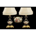Two Decorative Table Lamps In limoge Style Blue Ground With Transfer Printed Vignettes.