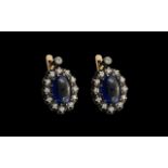 Russian 1970s Fine Quality 14ct Gold Pair of Sapphire & Diamond Set Earrings. The cabouchon cut