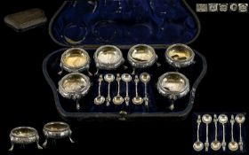 Mid Victorian Period Superb Quality Boxed Set of Six Ornate Silver Salts and Matching Spoons, In