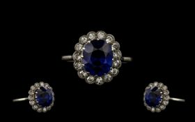 Art Deco Period 18ct White Gold Attractive Sapphire & Diamond Cluster Ring. Flowerhead setting.